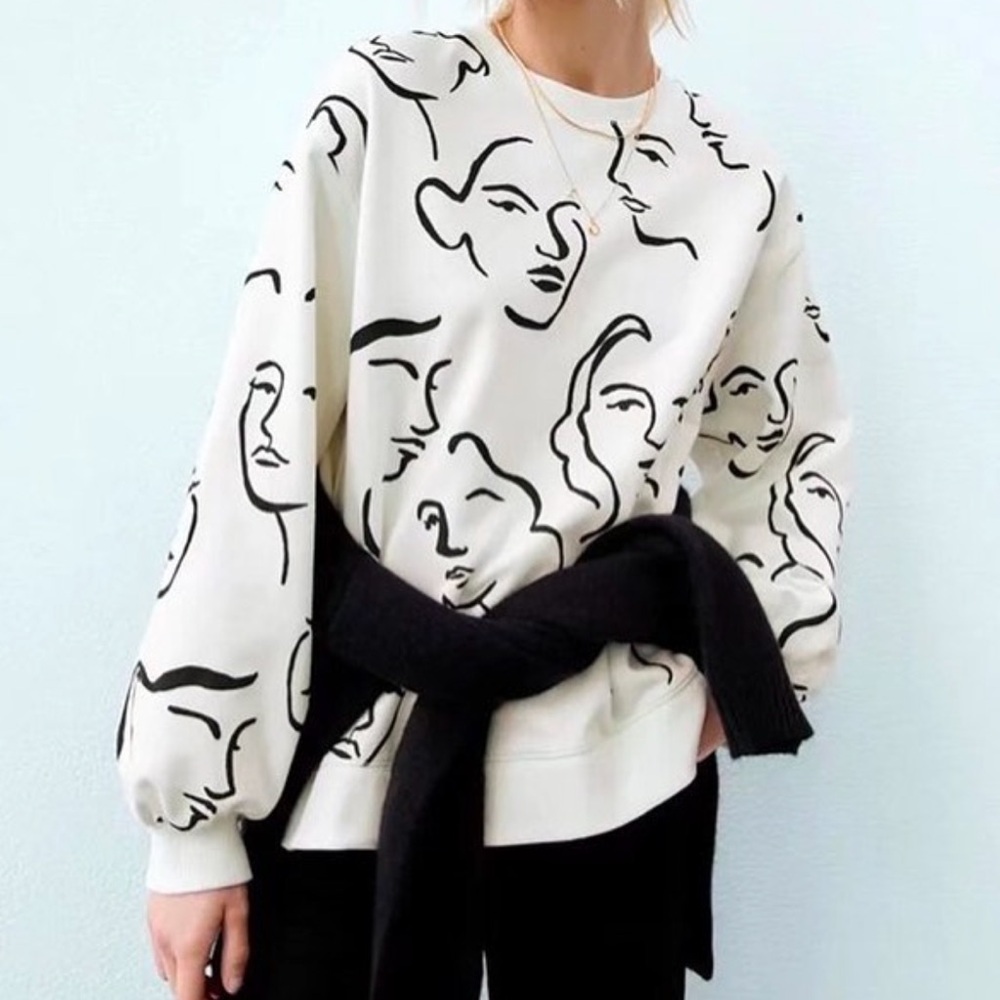 Zara white printed black drawn faces crewneck sweatshirt bloggers favor